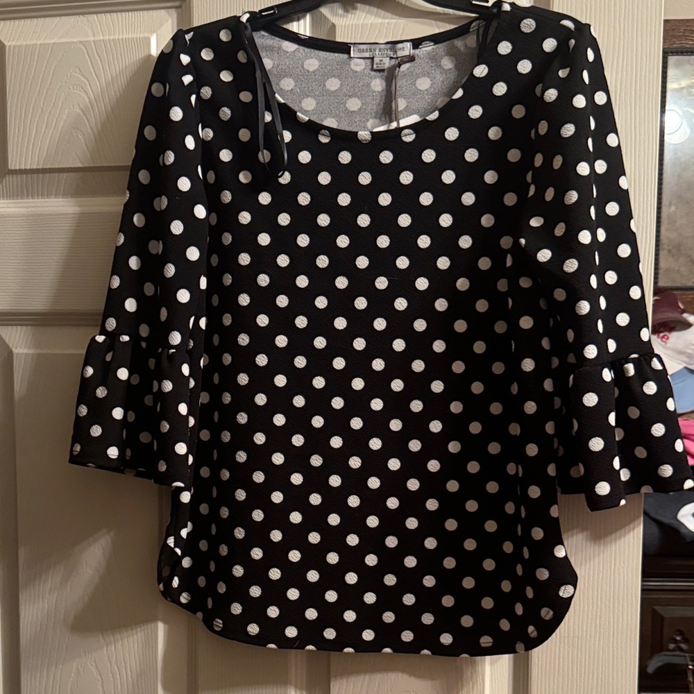 Green Envelope Black and White Polka Dot Blouse